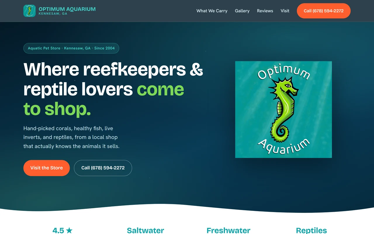 The Optimum Aquarium homepage, showing the store's name, a photograph of their sign and the current opening hours.